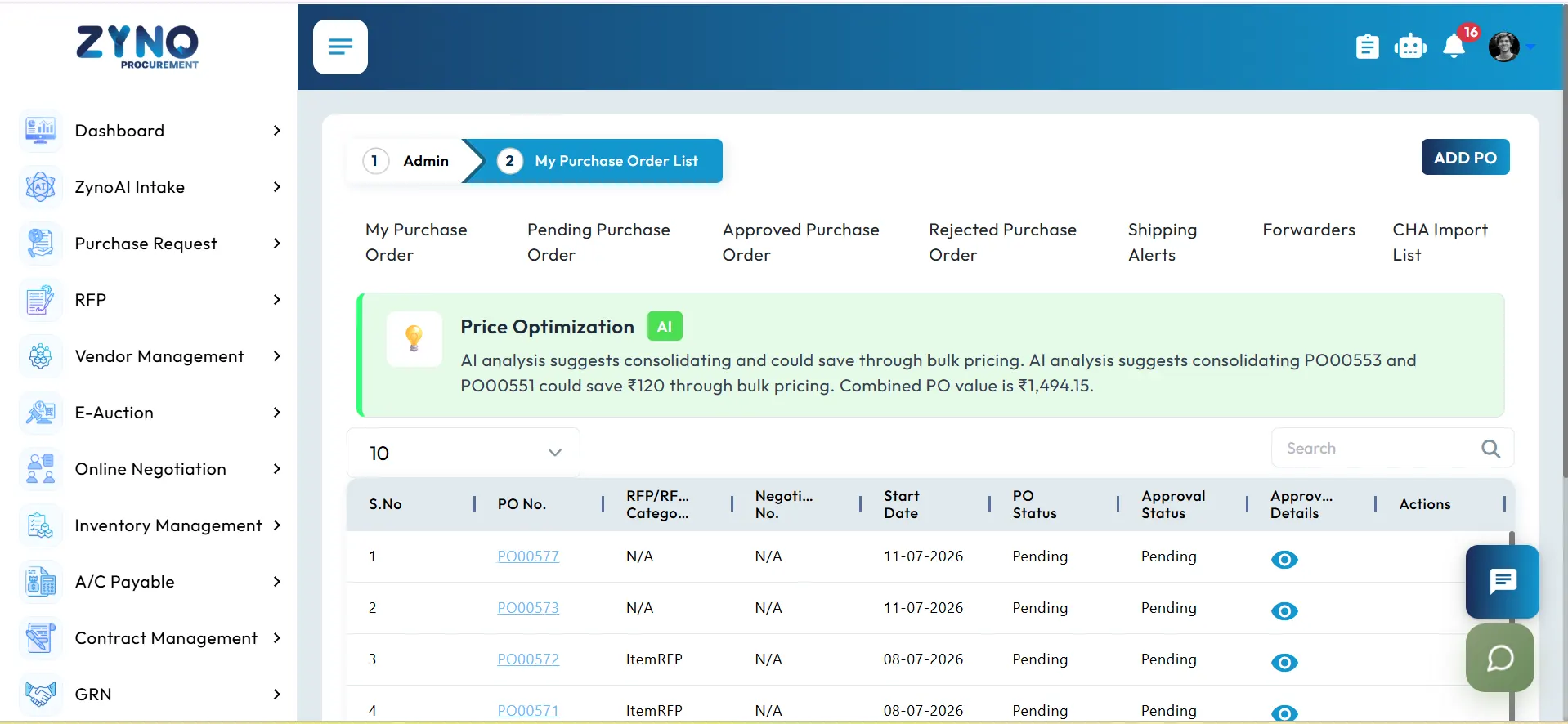 Purchase order screen in ZYNO procurement software