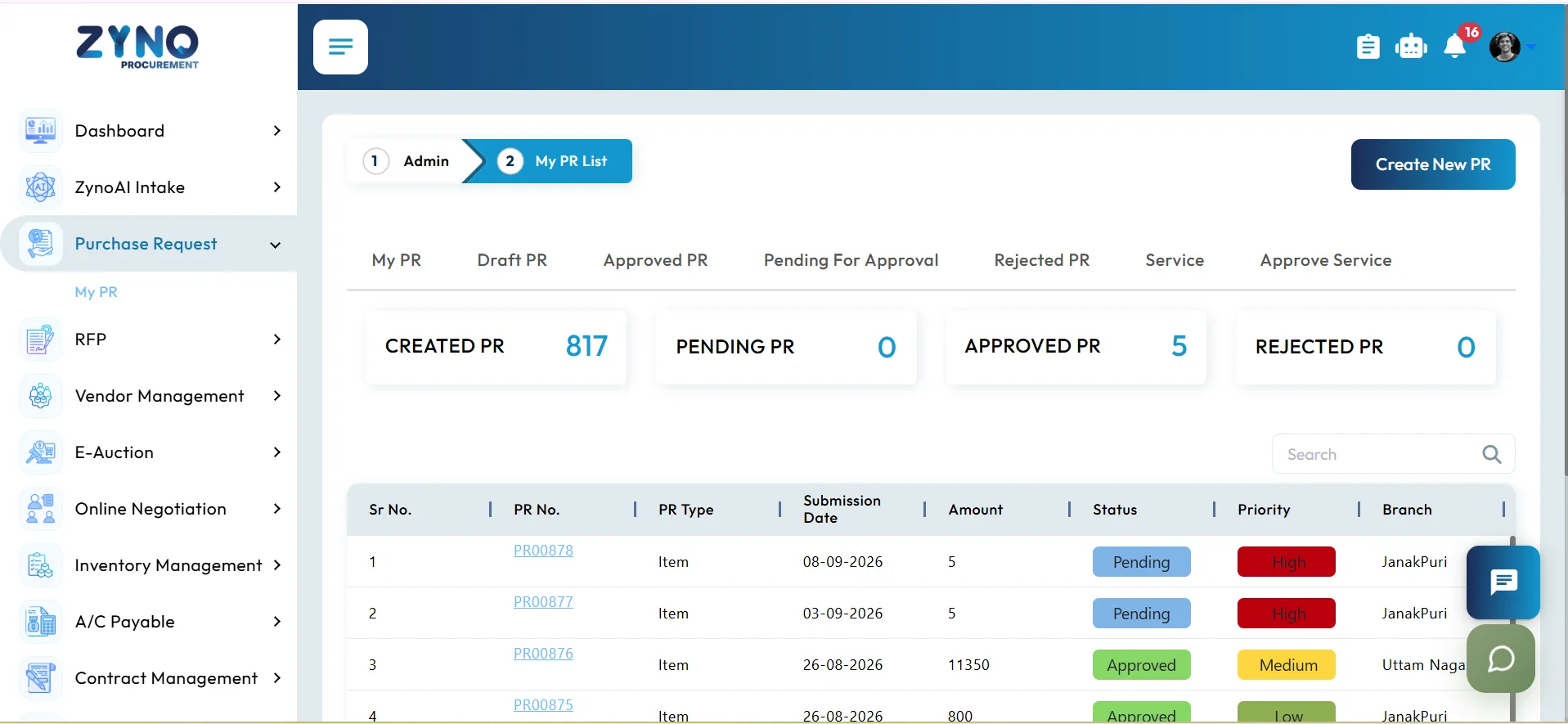 Purchase request screen in ZYNO procurement software