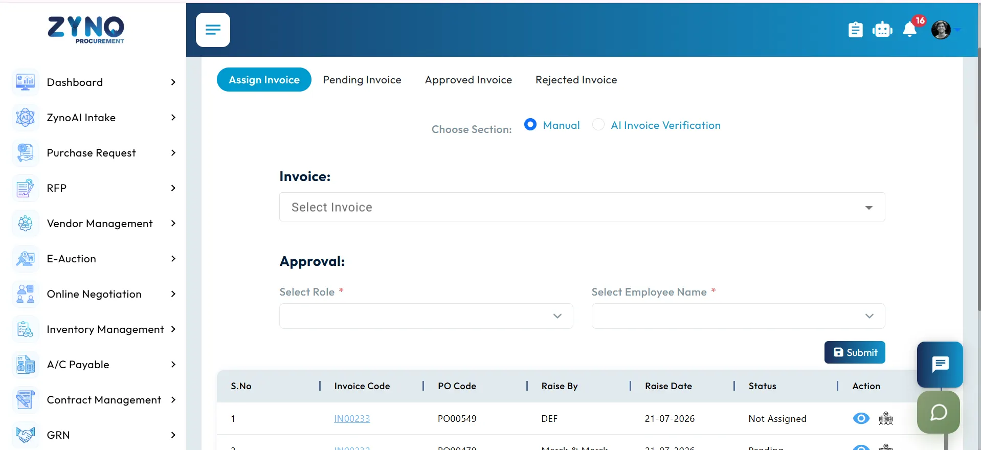 AI-assisted invoice verification screen in ZYNO procurement software