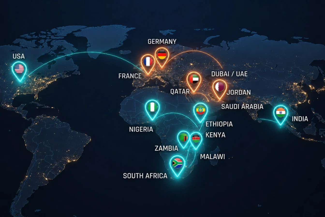 Global presence map of Elite Mindz and ZYNO AI services