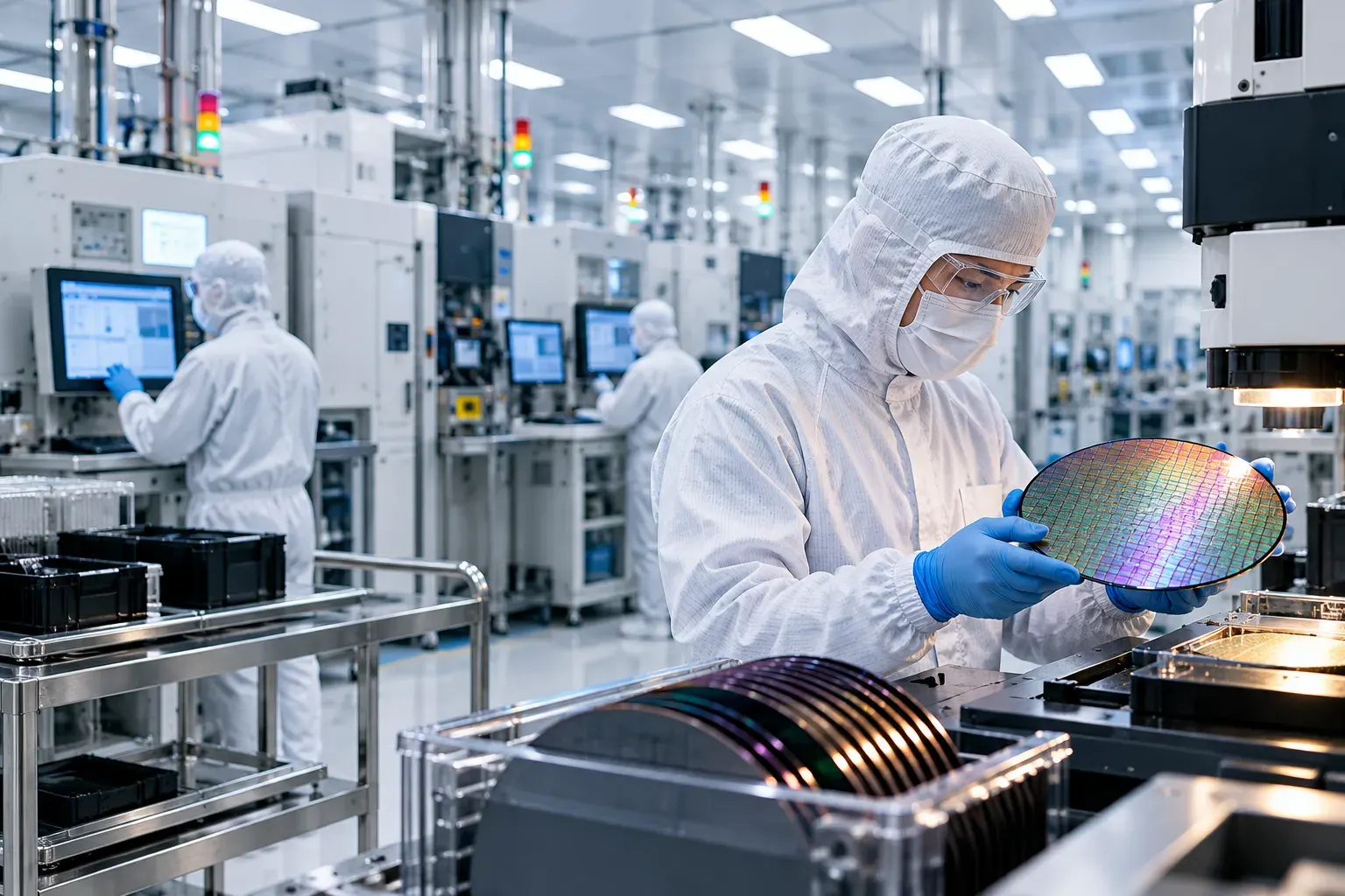 Technician inspecting a silicon wafer inside a semiconductor manufacturing cleanroom