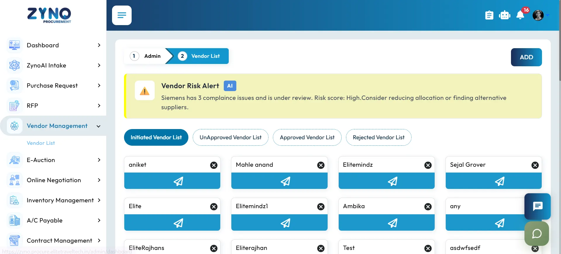 Vendor and supplier management screen in ZYNO procurement software