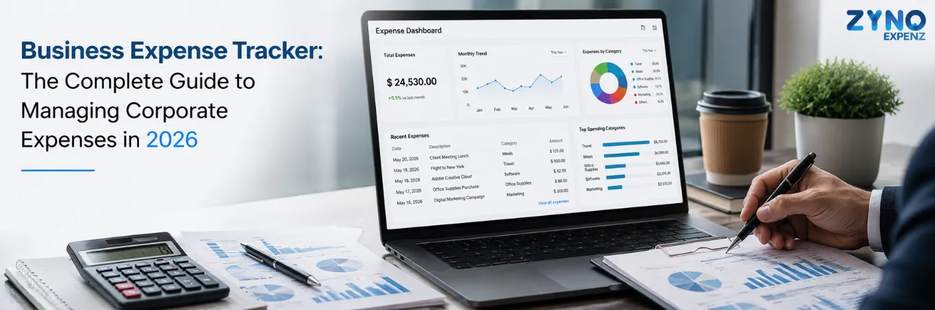Business Expense Tracker dashboard for managing corporate expenses, reimbursements, approvals, and financial reporting in 2026.