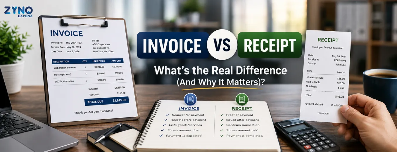 Invoice vs Receipt illustration showing the key difference between payment request and payment confirmation documents.