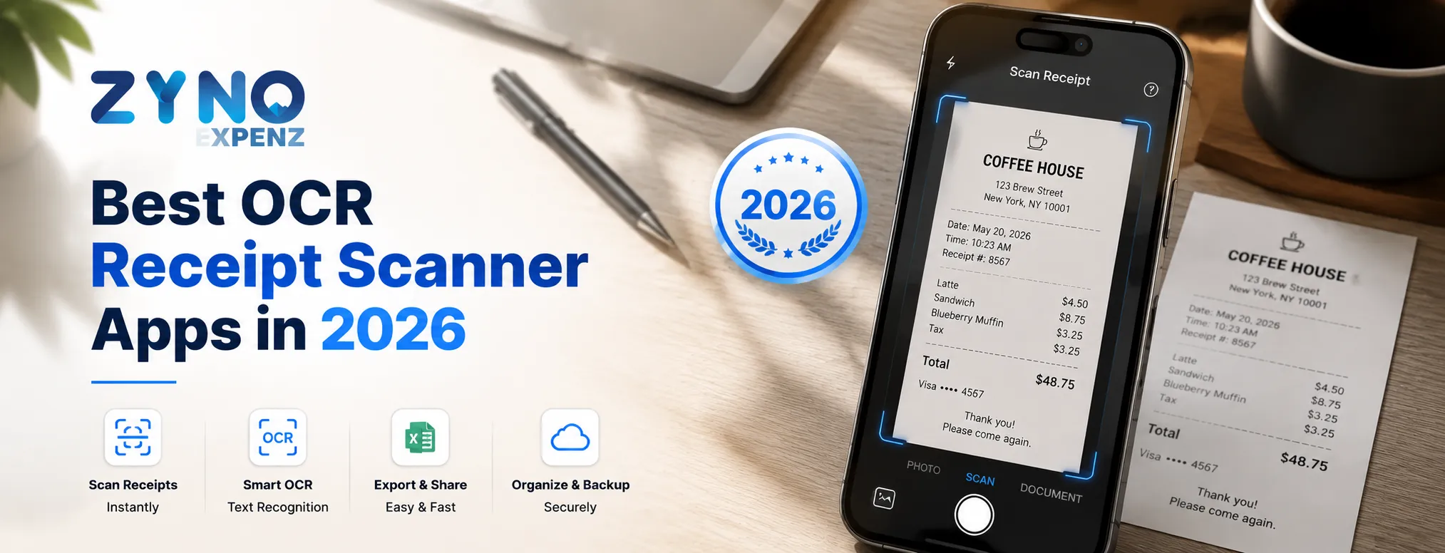 Best OCR Receipt Scanner Apps in 2026 with AI Receipt Scanning, Smart OCR Technology, Expense Tracking, Digital Receipt Management, and ZYNO Expenz Interface.