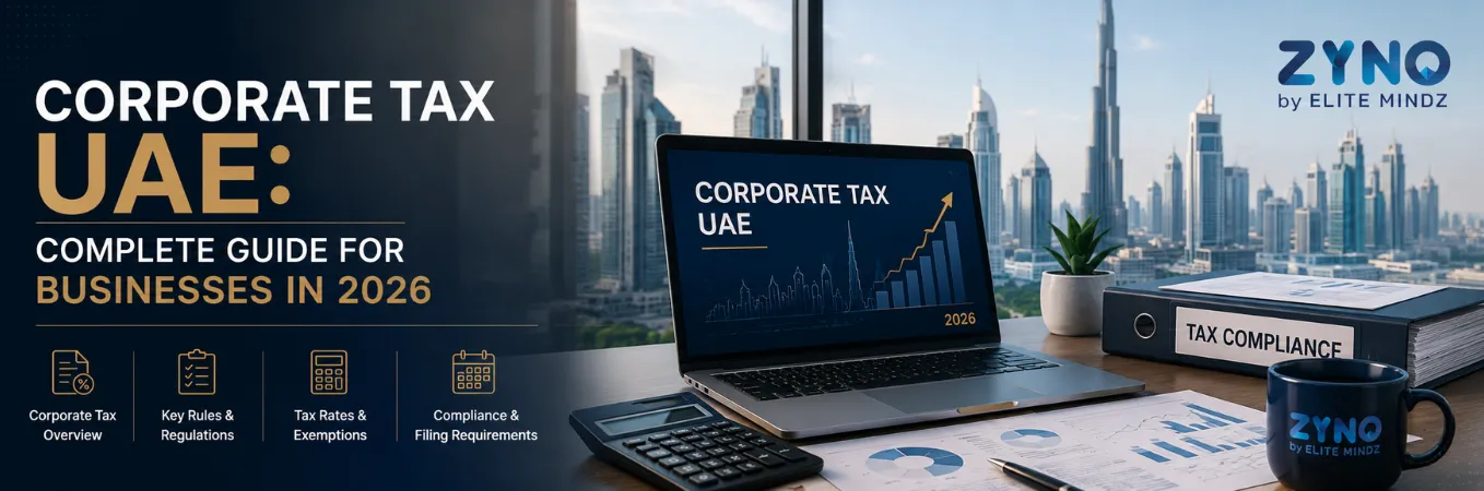 Corporate Tax UAE complete guide banner for businesses in 2026 featuring Dubai skyline, tax compliance documents, financial analytics, and ZYNO by Elite Mindz branding.