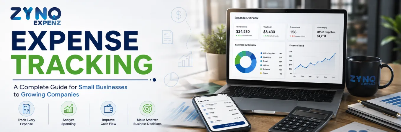 Expense Tracking Guide Banner by ZYNO Expenz Showing Business Expense Dashboard, Analytics, Cash Flow Management, and Smart Expense Monitoring for Small Businesses and Growing Companies