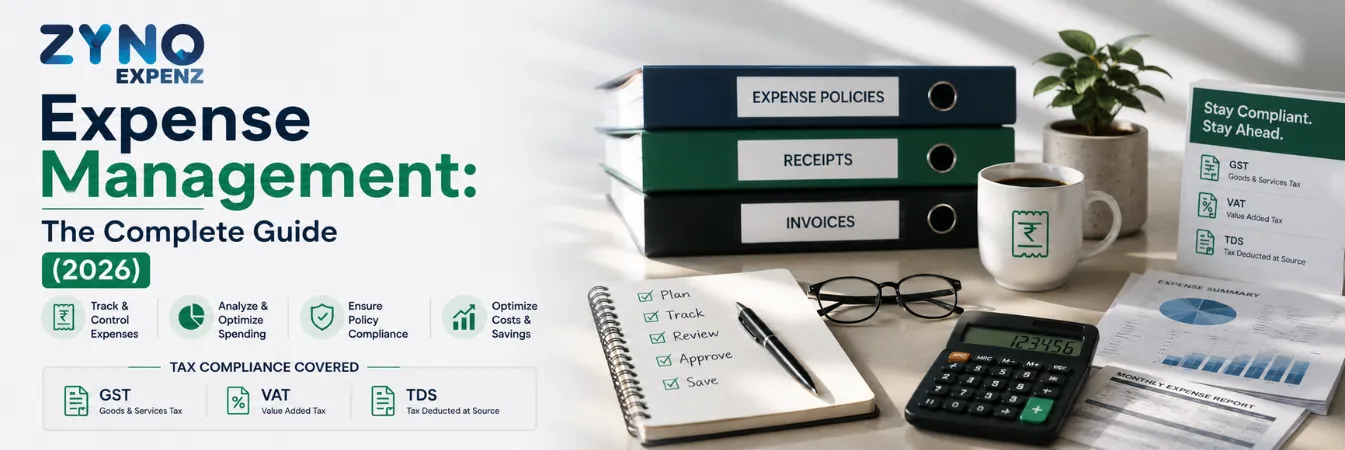 ZYNO Expenz expense management software dashboard guide 2026 with expense tracking, receipt management, invoice processing, GST, VAT, TDS compliance, cost optimization and business expense reporting.