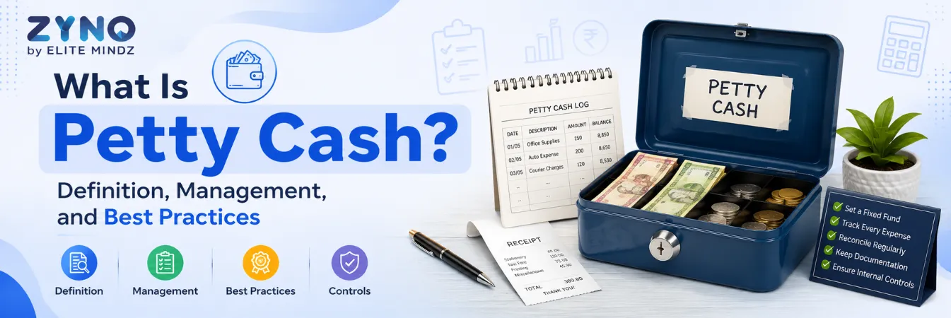 Petty cash management banner with cash box, receipts, expense tracking, and best practices.