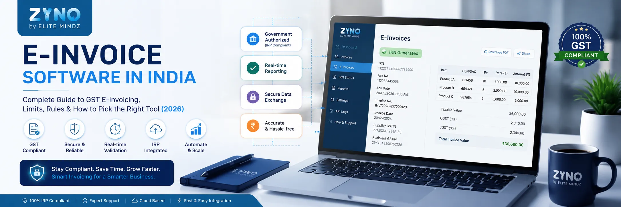 E-Invoice Software in India dashboard showing GST-compliant e-invoicing, IRN generation, real-time validation, IRP integration, and automated invoice management on a laptop.