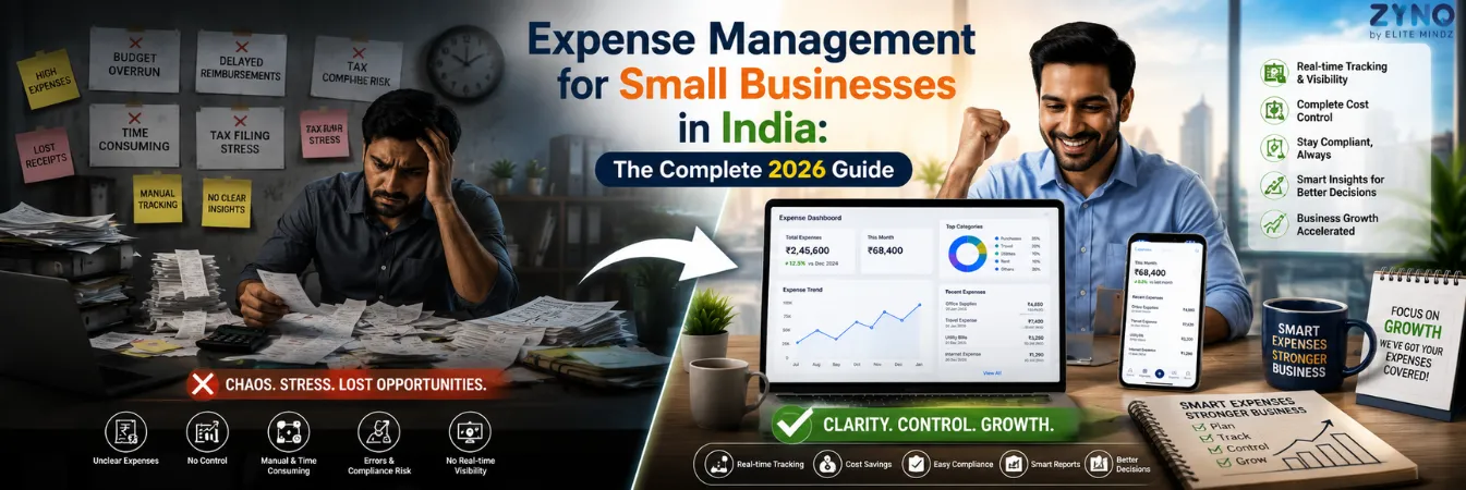 Expense Management for Small Businesses in India – Digital expense tracking software dashboard with real-time expense monitoring, cost control, compliance management, and business growth insights by ZYNO Expenz.