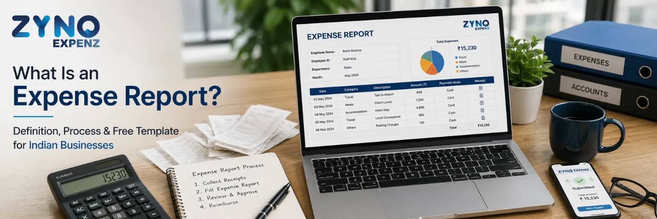 What is an Expense Report? Definition, Process & Free Template for Indian Businesses - ZYNO Expenz expense management software dashboard with receipts, calculator, and reimbursement workflow