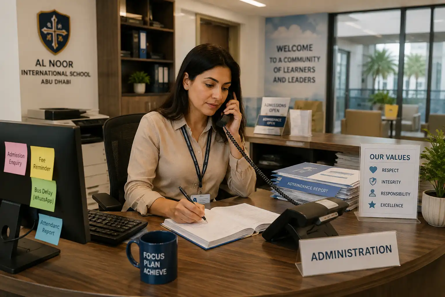 Busy School Administration Reception Desk - school erp software-optimized