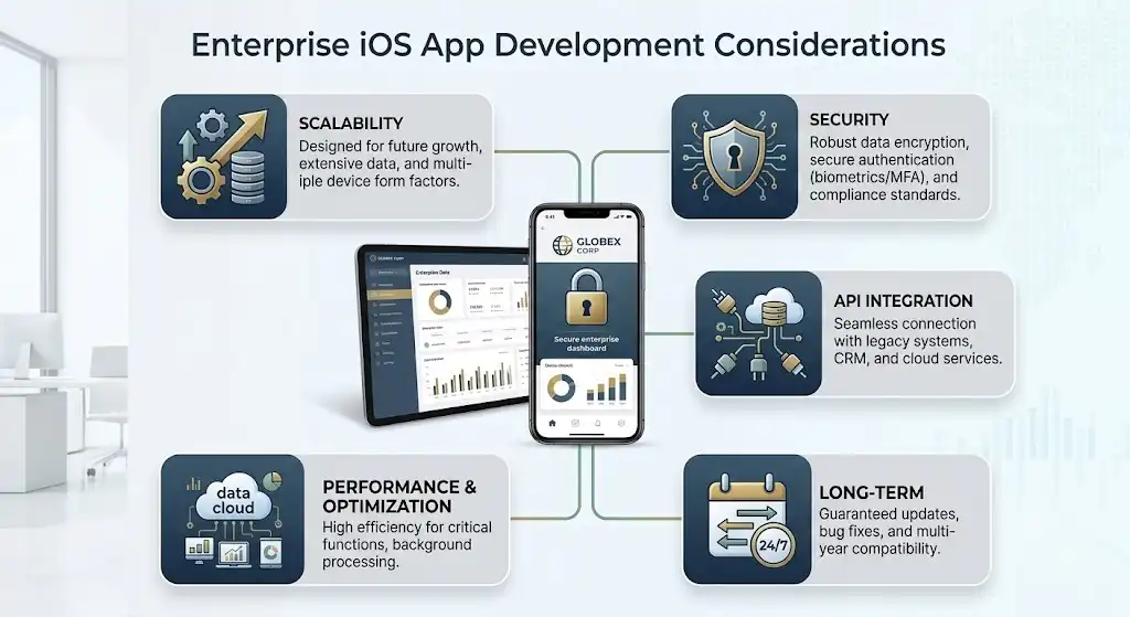 Visual overview of enterprise iOS app development priorities including security, scalability, and integrations