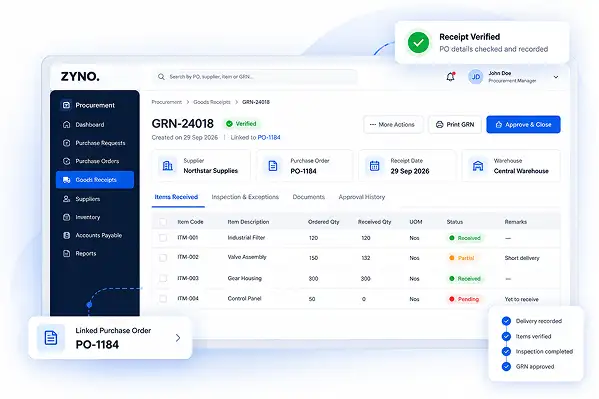 ZYNO GRN software goods receiving dashboard